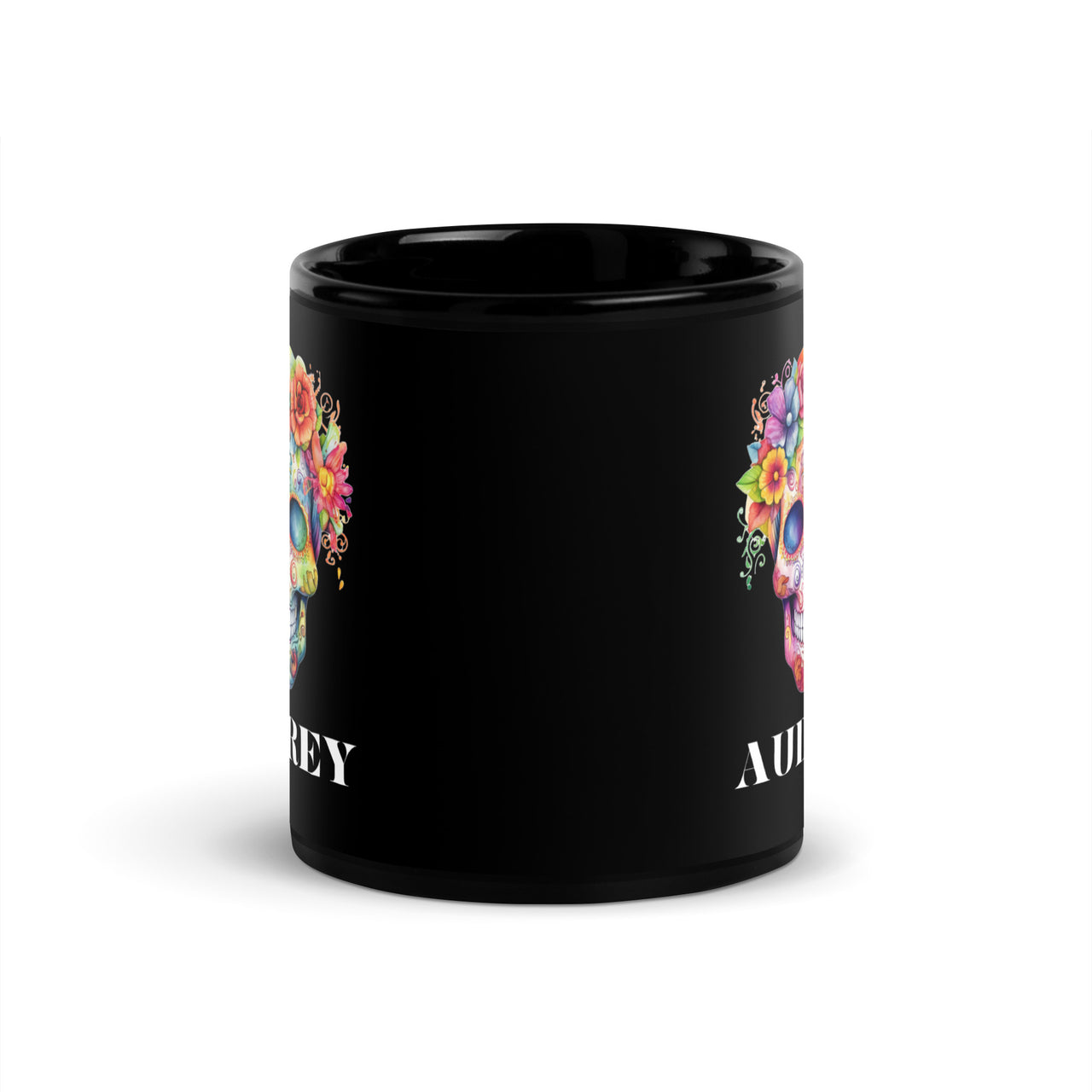 Personalized Floral Candy Skull Black Coffee Mug-Day Of The Dead Gift Cup For Women