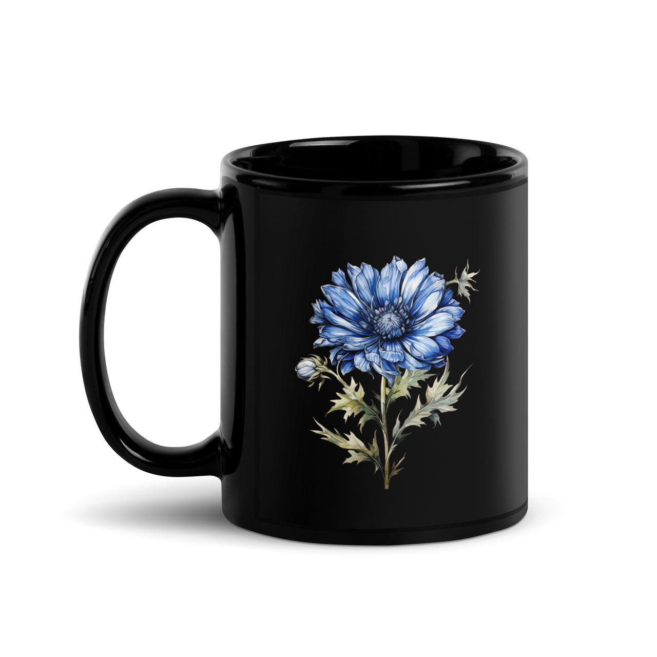 Blue Cornflower Floral Black Coffee Mug