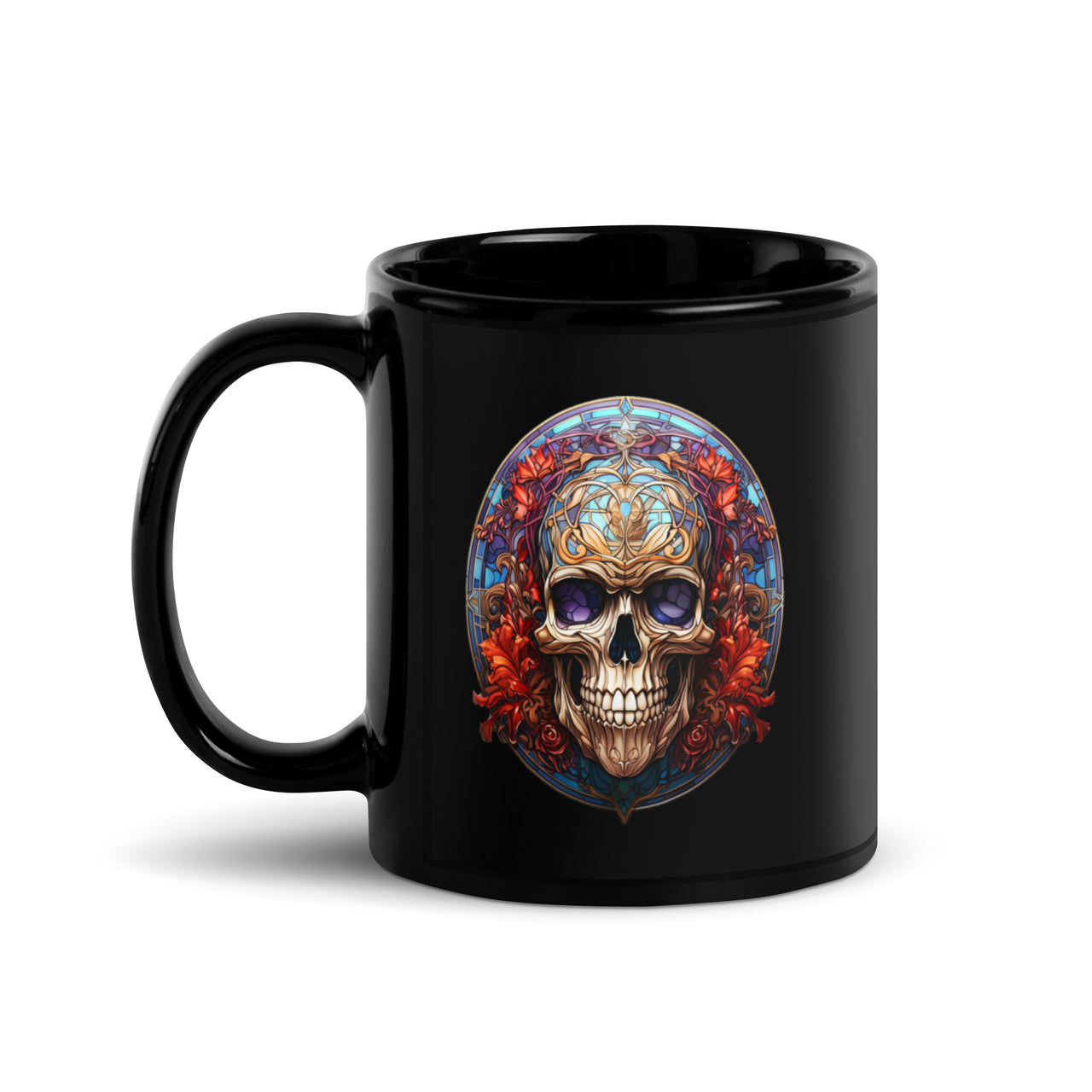 Gothic Stained Glass Skull Design Black Coffee Mug