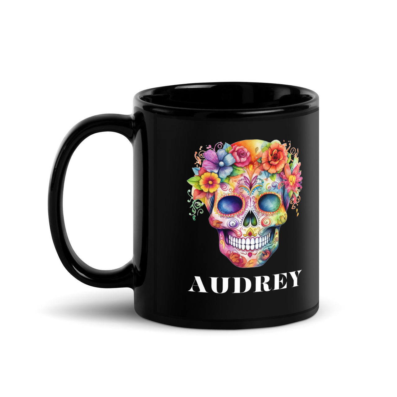 Personalized Floral Candy Skull Black Coffee Mug-Day Of The Dead Gift Cup For Women