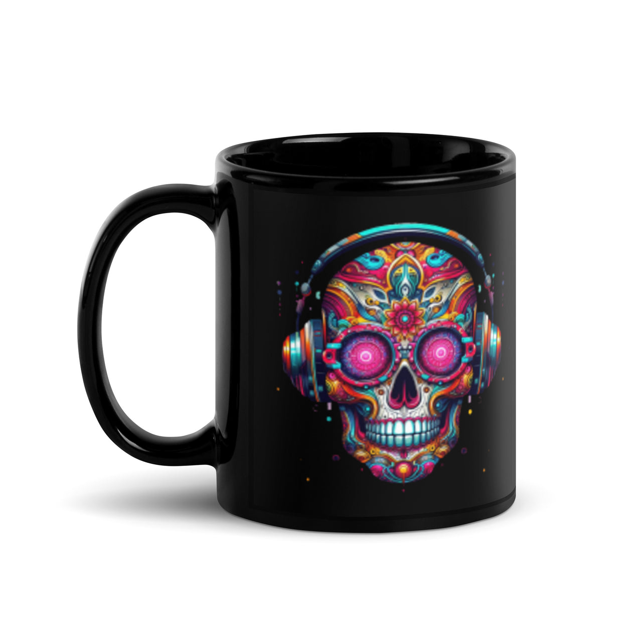 Colorful Sugar Skull Listening To Music Wearing Headphones-Black Coffee Mug