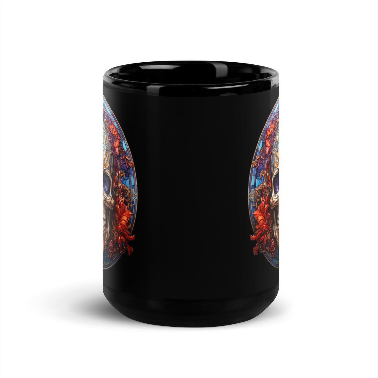 Gothic Stained Glass Skull Design Black Coffee Mug