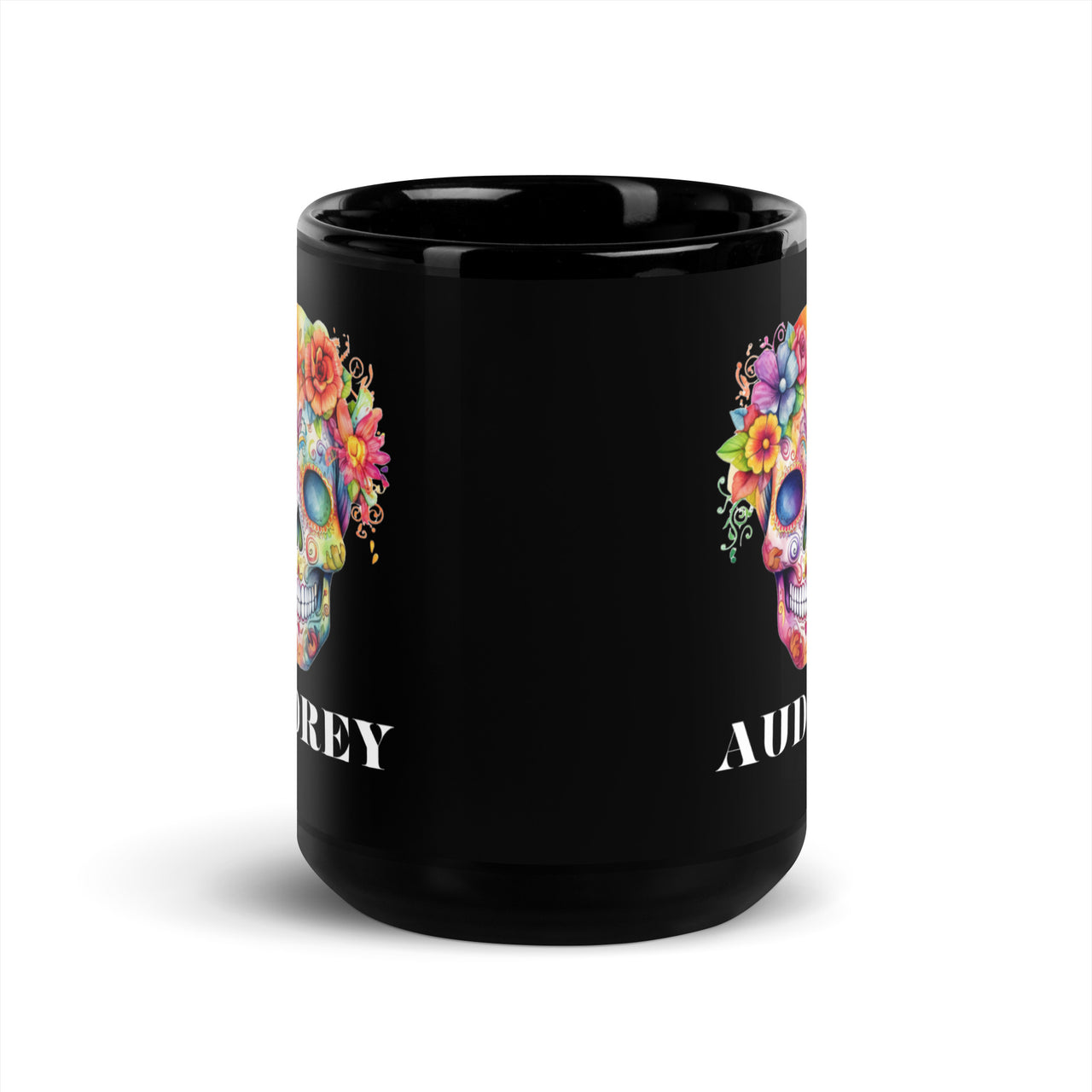 Personalized Floral Candy Skull Black Coffee Mug-Day Of The Dead Gift Cup For Women