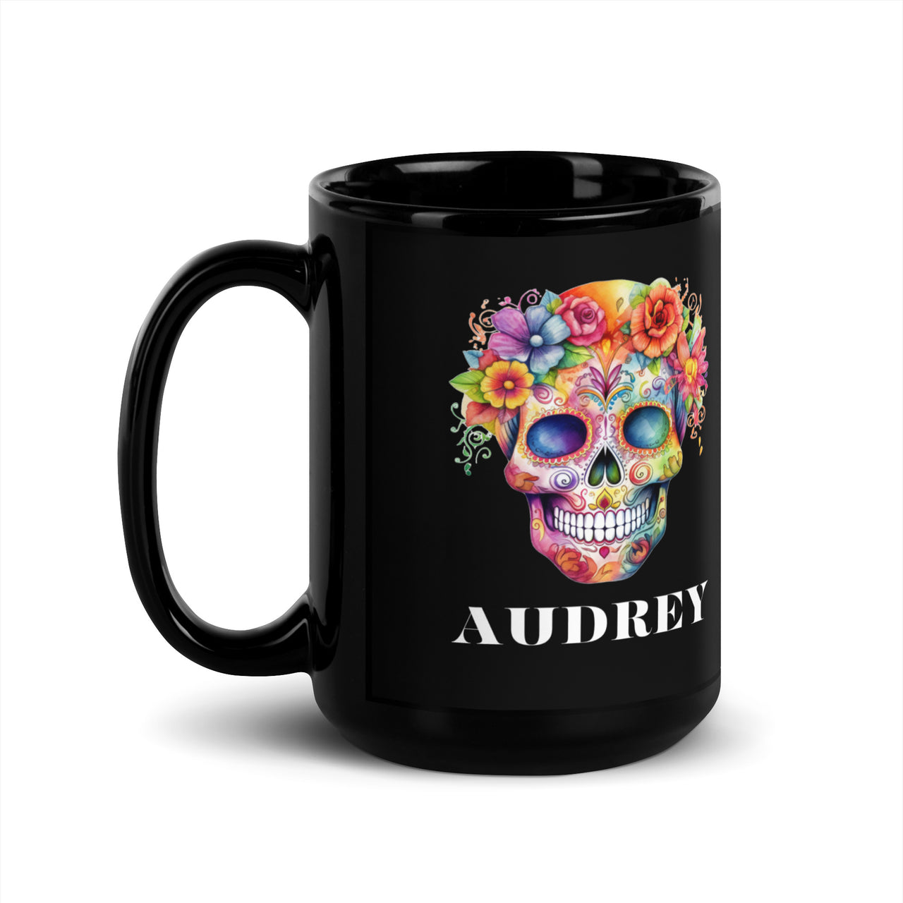 Personalized Floral Candy Skull Black Coffee Mug-Day Of The Dead Gift Cup For Women