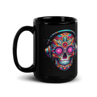 Thumbnail for Colorful Sugar Skull Listening To Music Wearing Headphones-Black Coffee Mug