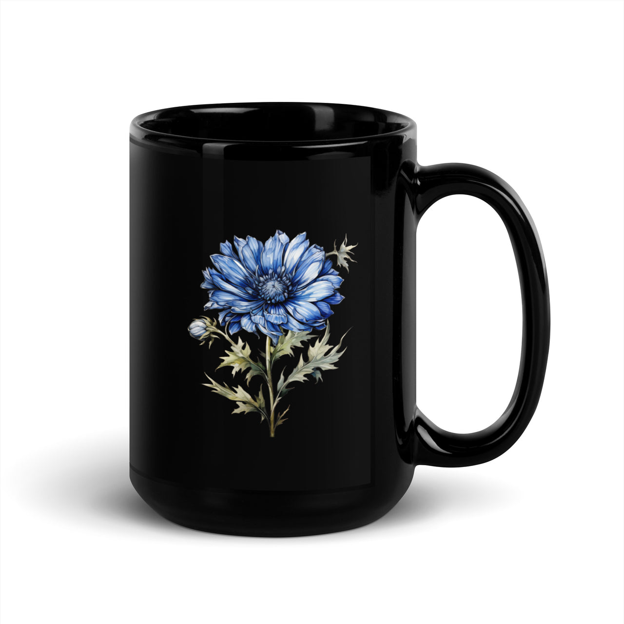 Blue Cornflower Floral Black Coffee Mug