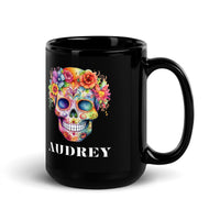 Thumbnail for Personalized Floral Candy Skull Black Coffee Mug-Day Of The Dead Gift Cup For Women