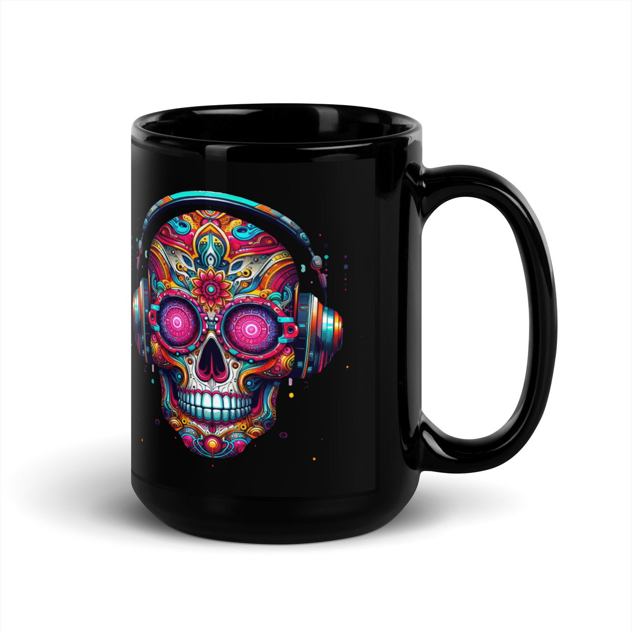 Colorful Sugar Skull Listening To Music Wearing Headphones-Black Coffee Mug