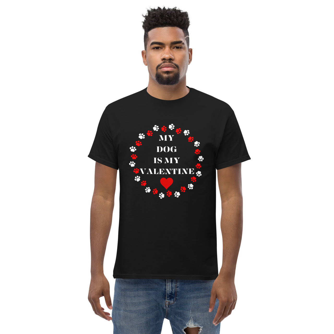 My Dog Is My Valentine Pet Lover Paw Print Heart Mens Classic T-Shirt In Black