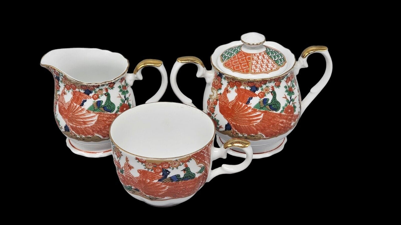 Arita Imari Peacock Creamer/Tea Cup-Handled Lidded Sugar Bowl-Japan