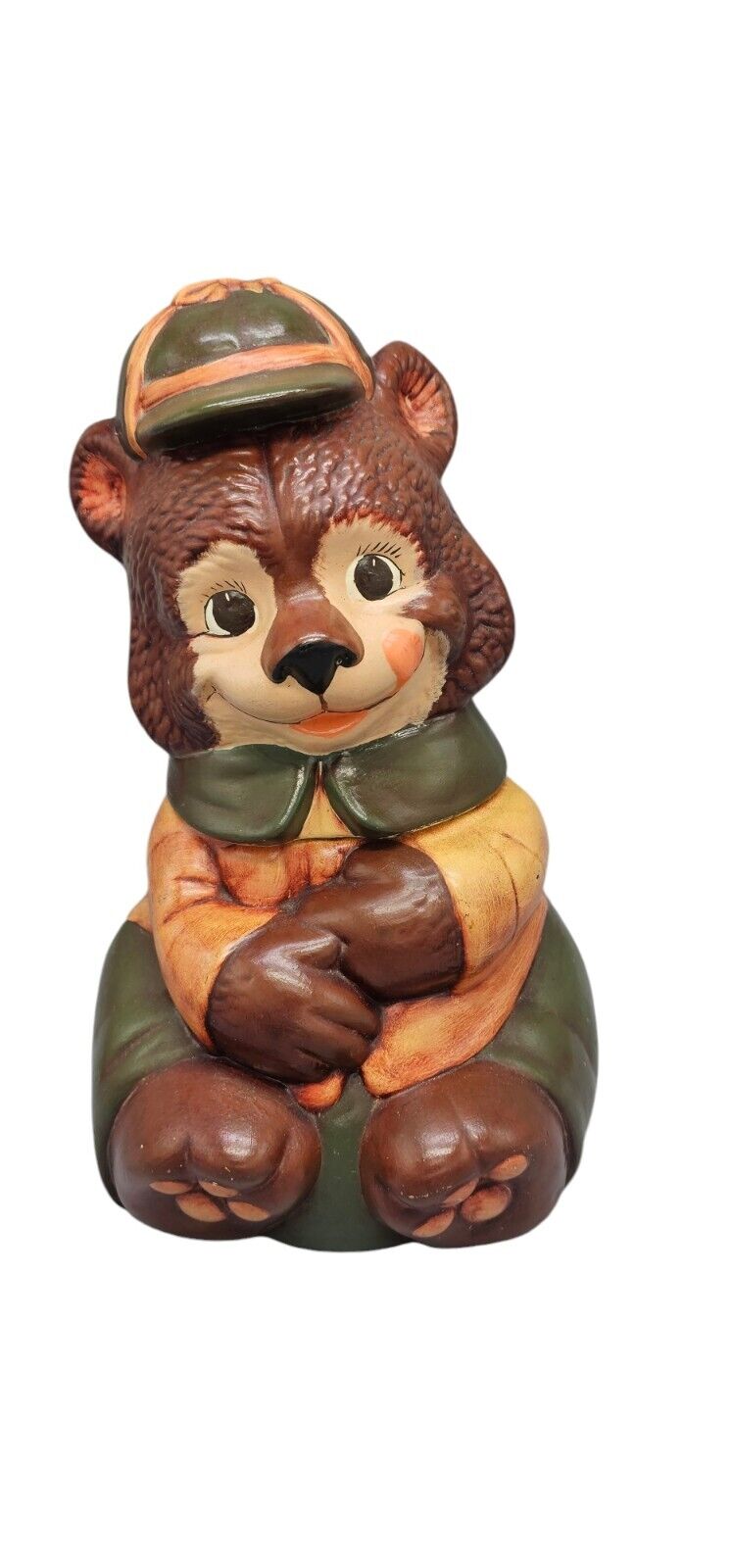 Vintage Hand Painted Ceramic Bear Cookie Jar 1970s 11" Ranger Wearing Ball Cap