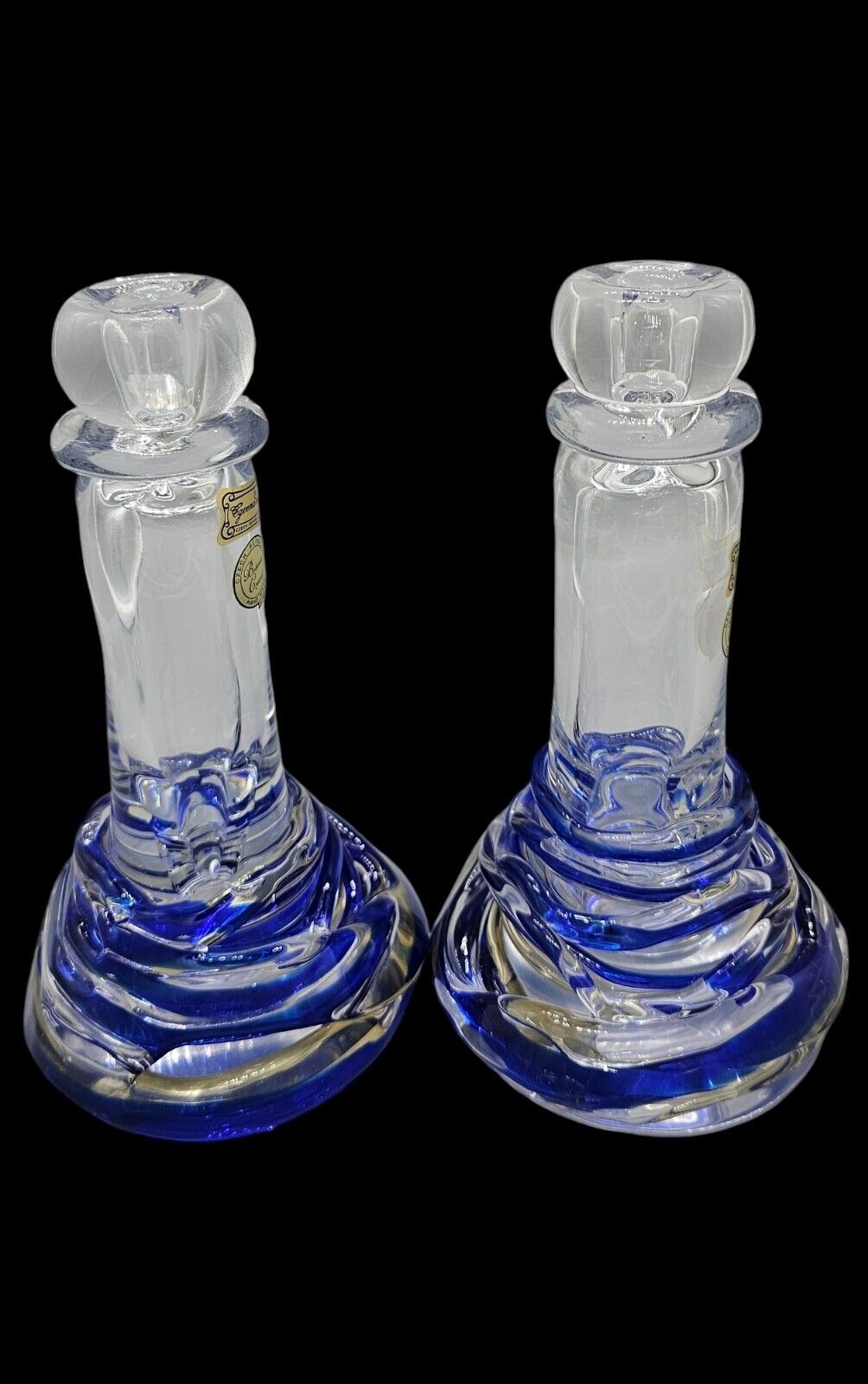 Vintage Egermann Bohemia Crystal Cobalt Blue Czech Art Glass Candle Holders-RARE