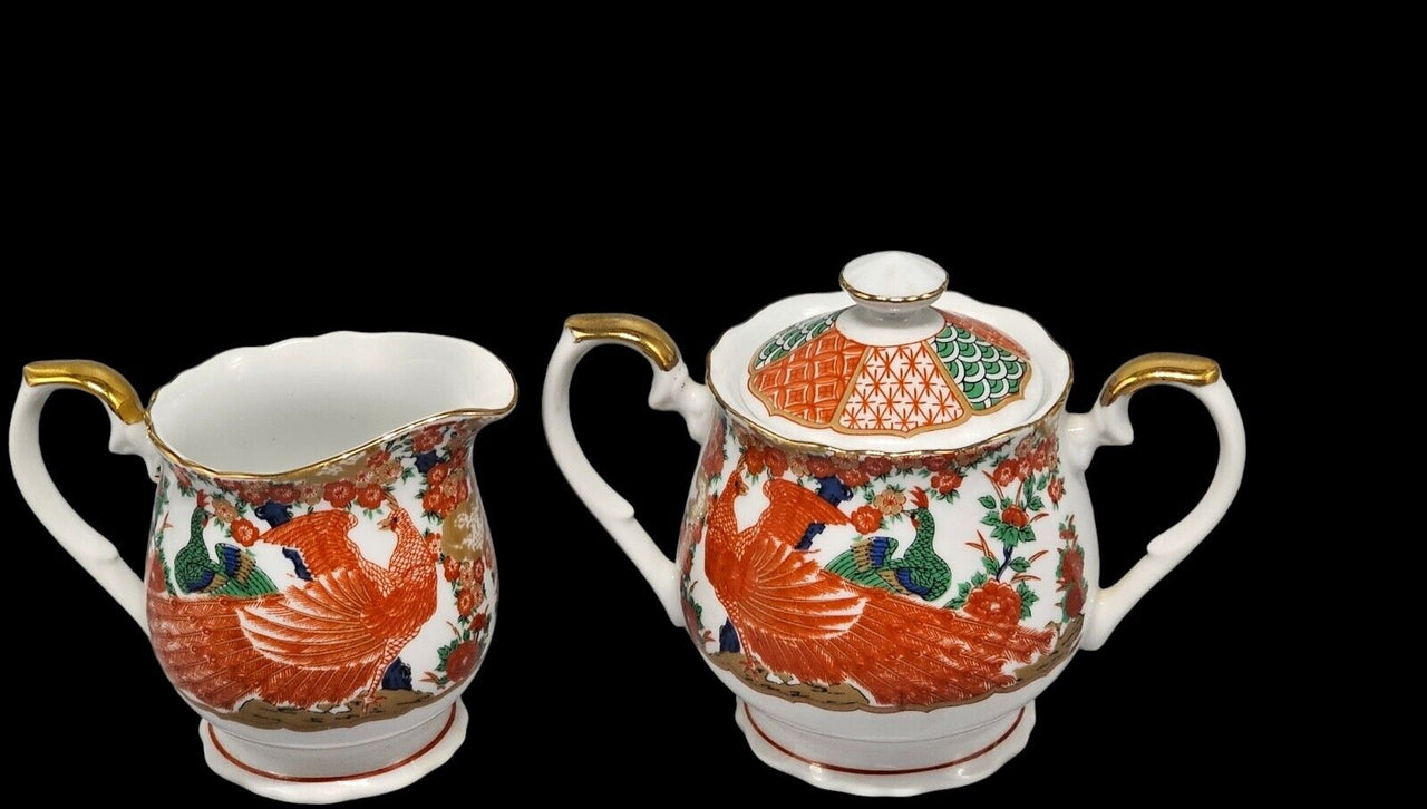 Arita Imari Peacock Creamer/Tea Cup-Handled Lidded Sugar Bowl-Japan