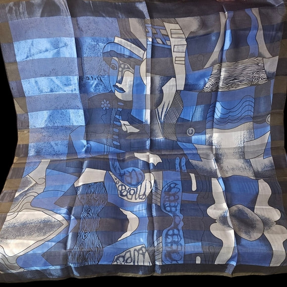 Abstract Blue and Gray Silk Scarf