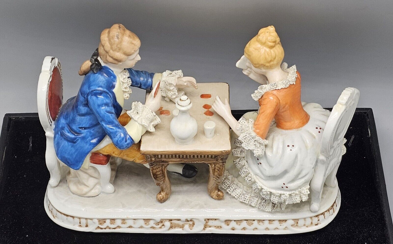 Vintage Porcelain Colonial Couple Playing Cards Porcelain Figurines