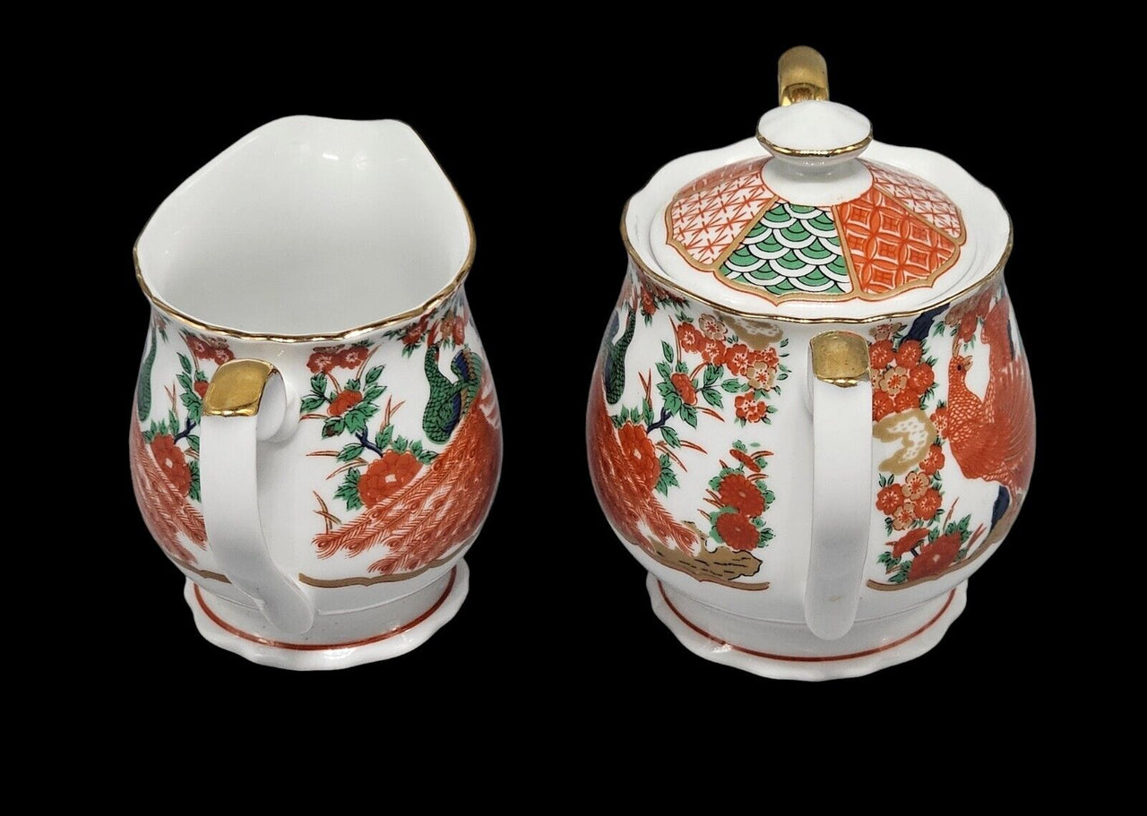 Arita Imari Peacock Creamer/Tea Cup-Handled Lidded Sugar Bowl-Japan