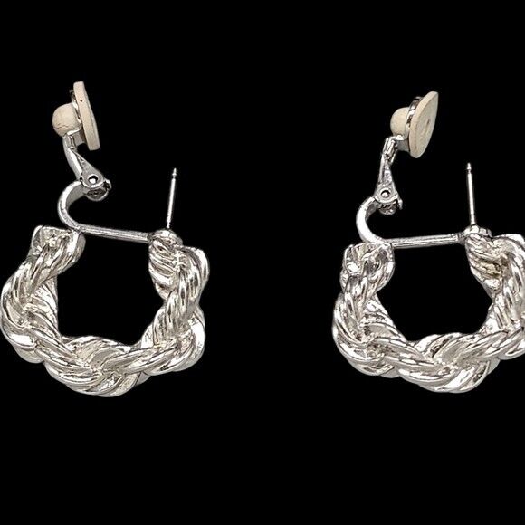 Vintage Nina Ricci Silver Tone Rope Braid Clip On Earrings