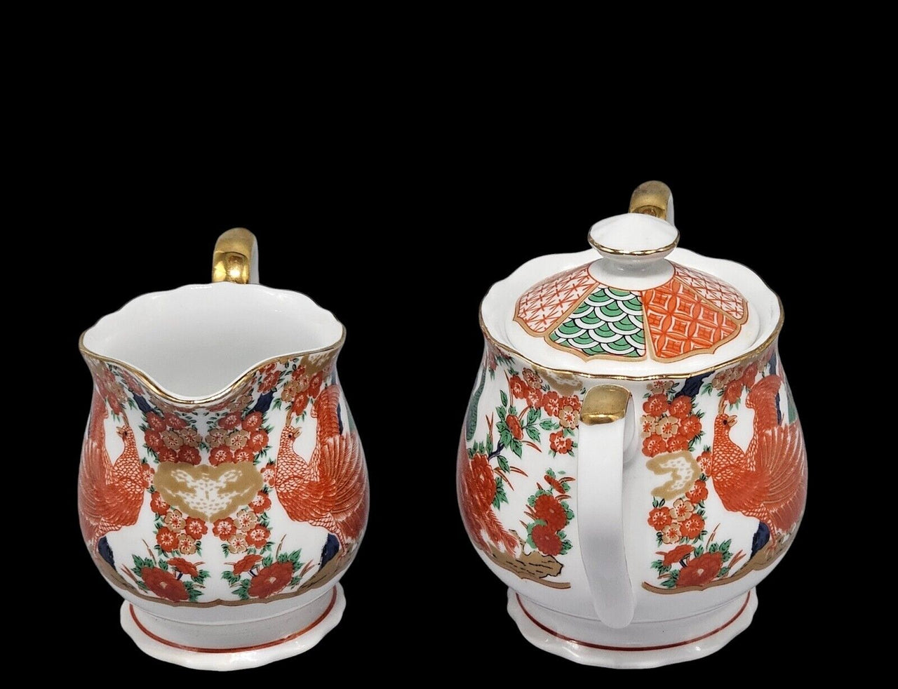 Arita Imari Peacock Creamer/Tea Cup-Handled Lidded Sugar Bowl-Japan