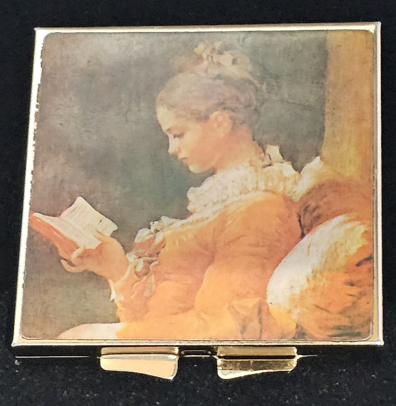 Vtg Jean Honore Fragonard Print-Young Girl Reading -Compact Makeup Mirror-Japan