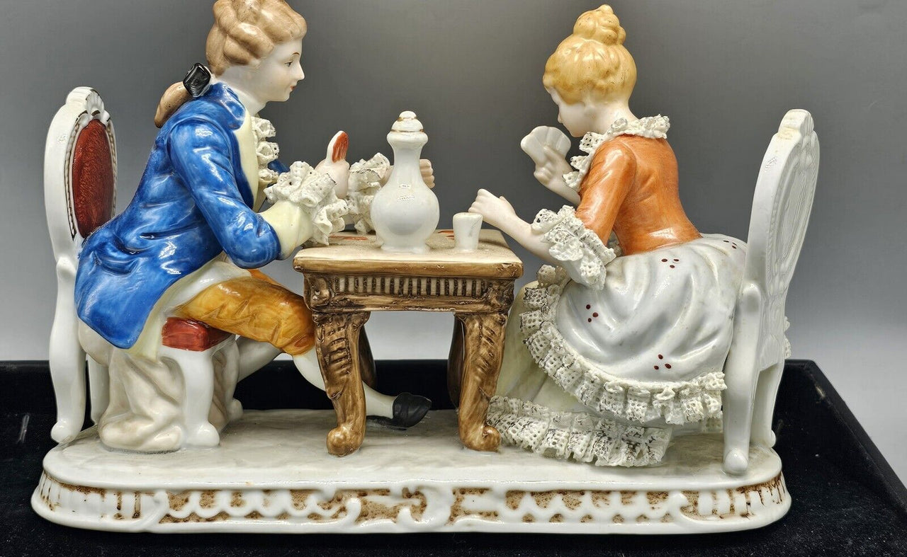 Vintage Porcelain Colonial Couple Playing Cards Porcelain Figurines