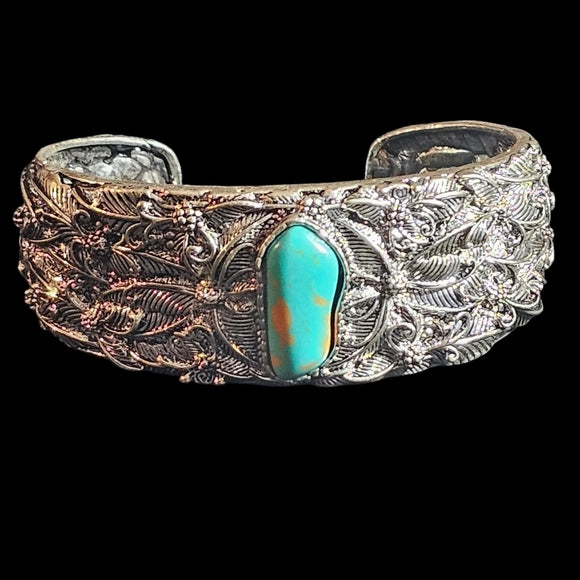 Silver Ornate Cuff Bracelet with Turquoise Stone Boho Bangle