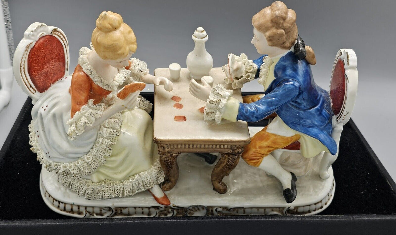 Vintage Porcelain Colonial Couple Playing Cards Porcelain Figurines