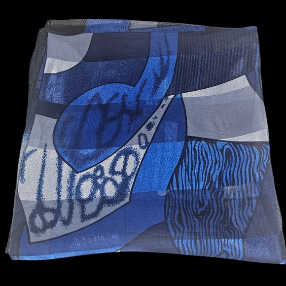 Abstract Blue and Gray Silk Scarf