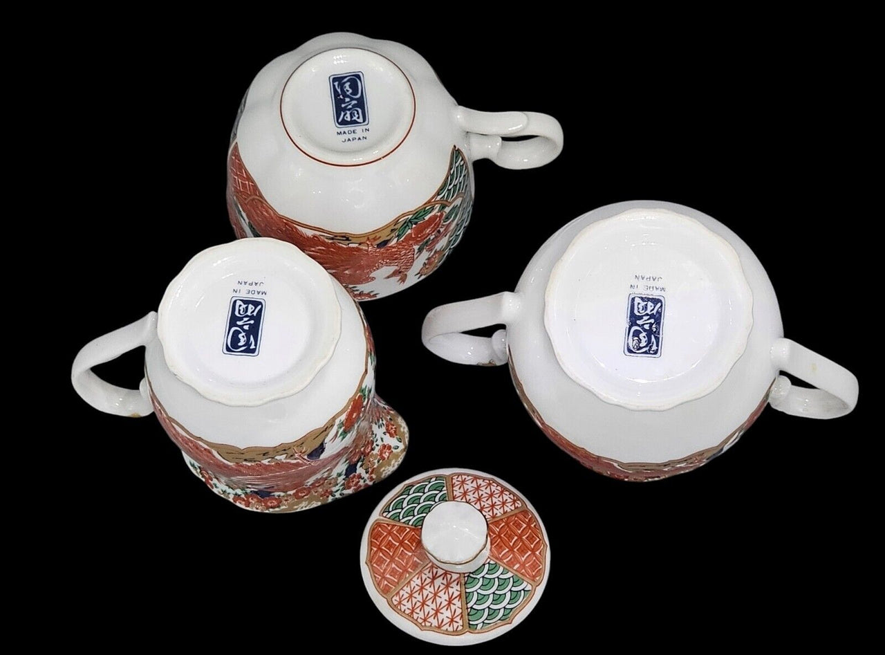 Arita Imari Peacock Creamer/Tea Cup-Handled Lidded Sugar Bowl-Japan