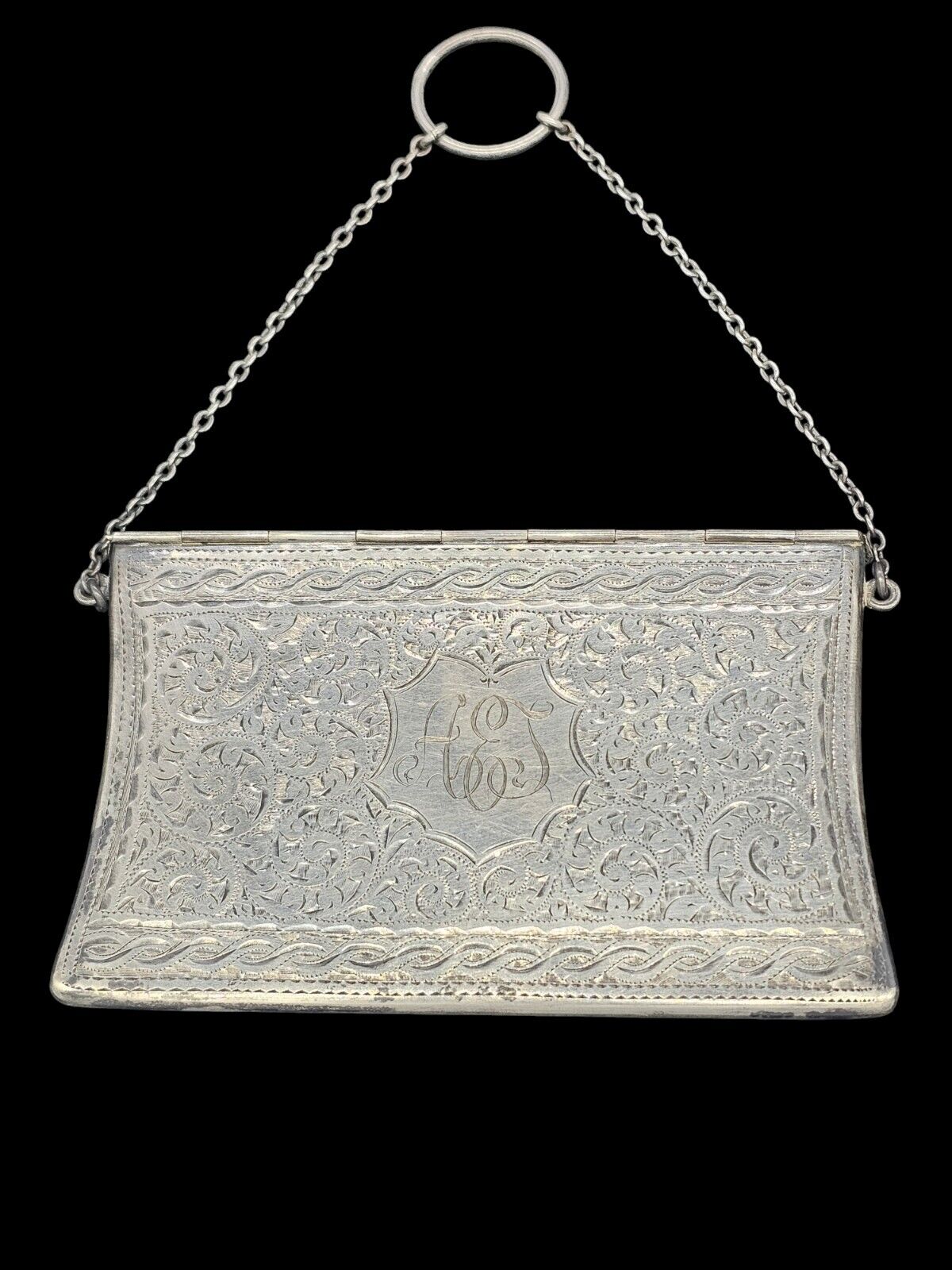 Adie & Lovekin Antique Silver Business Card Case Purse Style With Chain And Loop