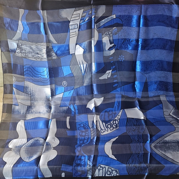 Abstract Blue and Gray Silk Scarf