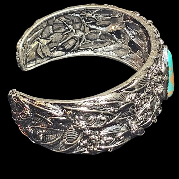 Silver Ornate Cuff Bracelet with Turquoise Stone Boho Bangle