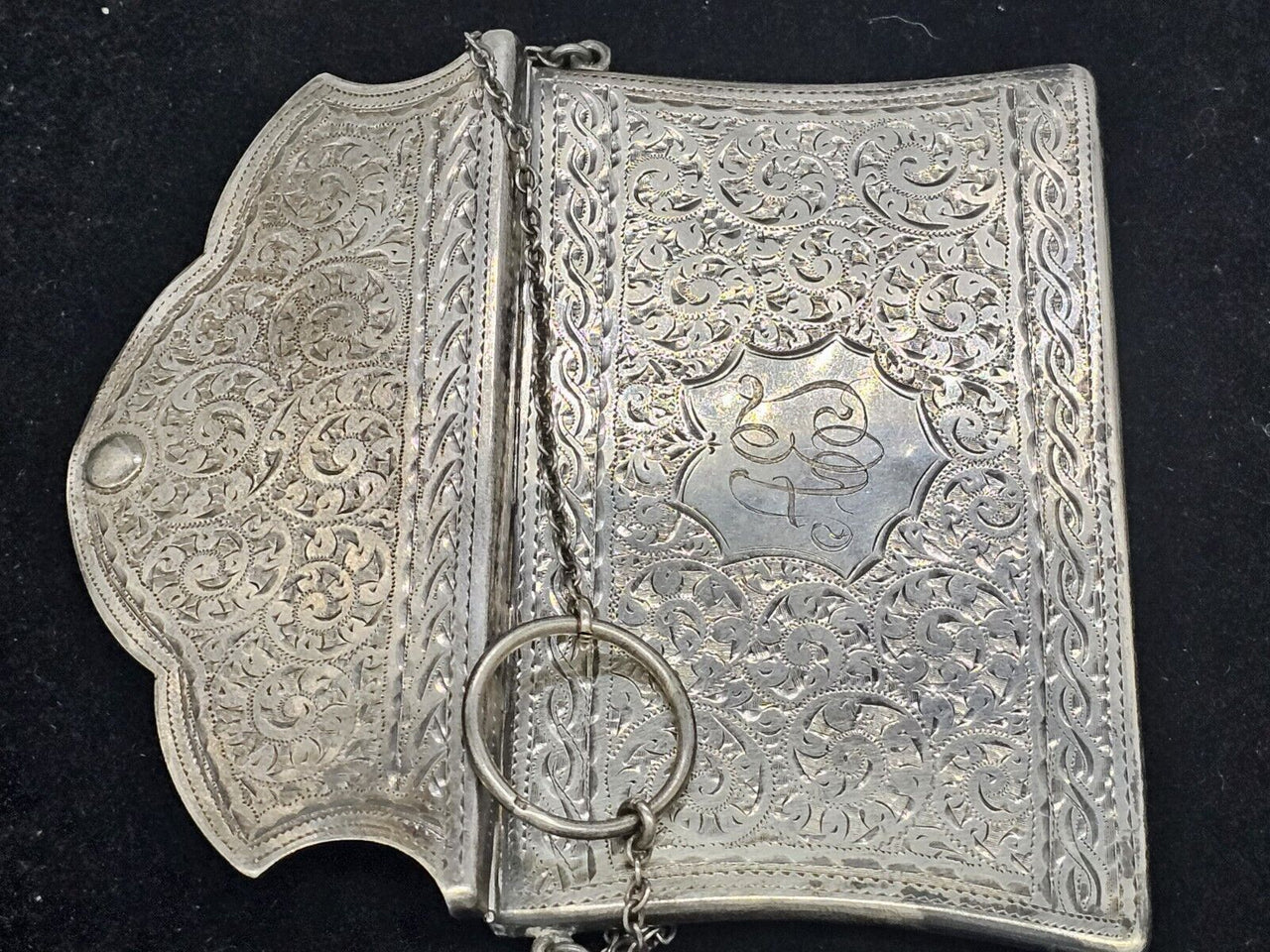 Adie & Lovekin Antique Silver Business Card Case Purse Style With Chain And Loop