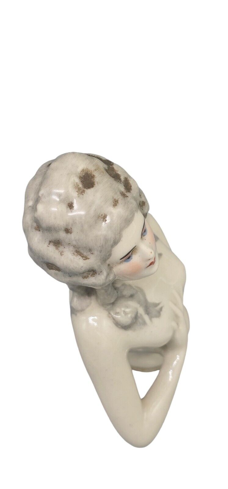 Antique German Half Doll Pin Cushion Porcelain Figure Grey Pompadour Hair 5"