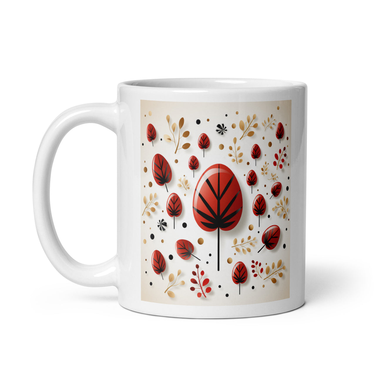 Red And Black Leaf Pattern White Coffee Mug