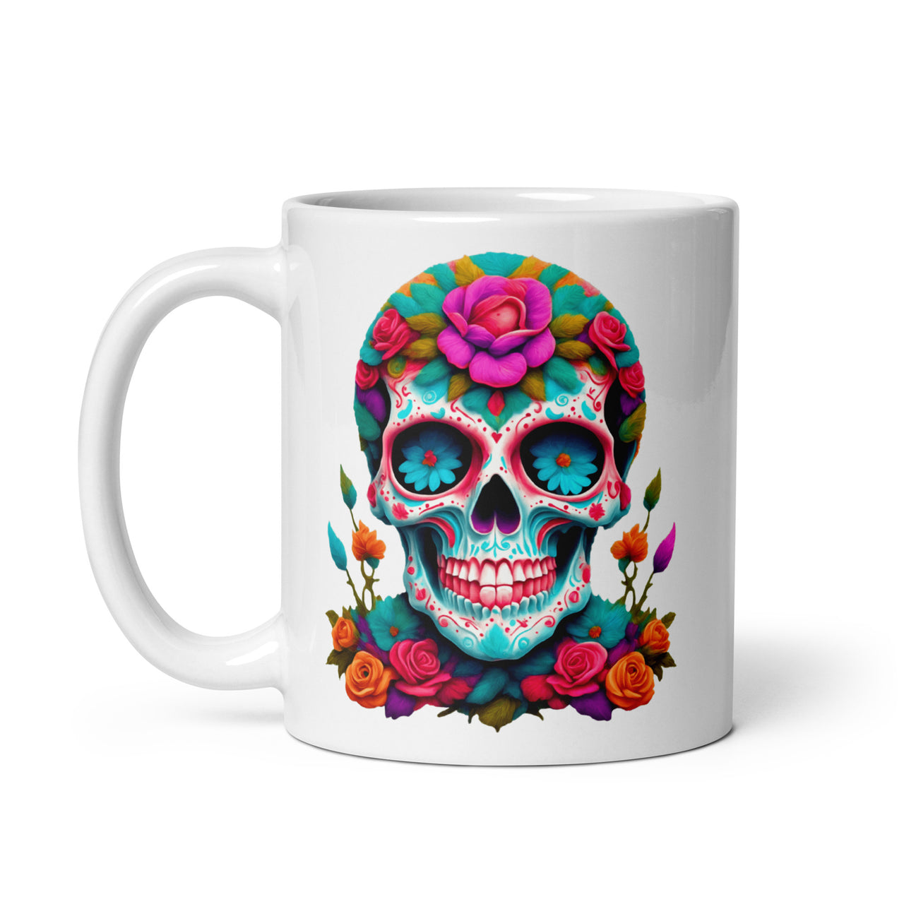 Sugar Skull Mexican Calvera Day Of The Dead Floral Gift Mug-Coffee Cup-White