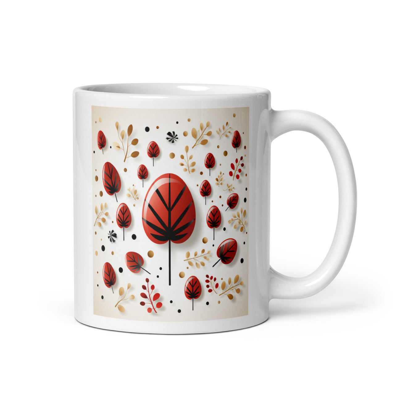 Red And Black Leaf Pattern White Coffee Mug