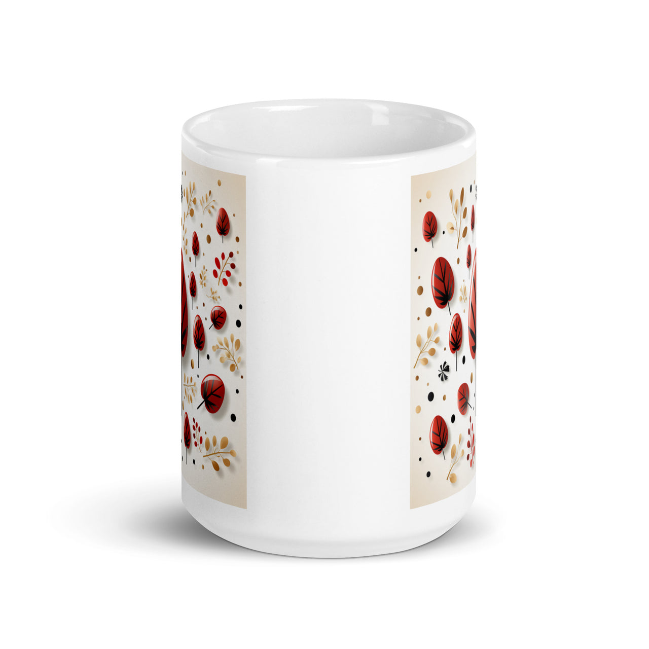 Red And Black Leaf Pattern White Coffee Mug