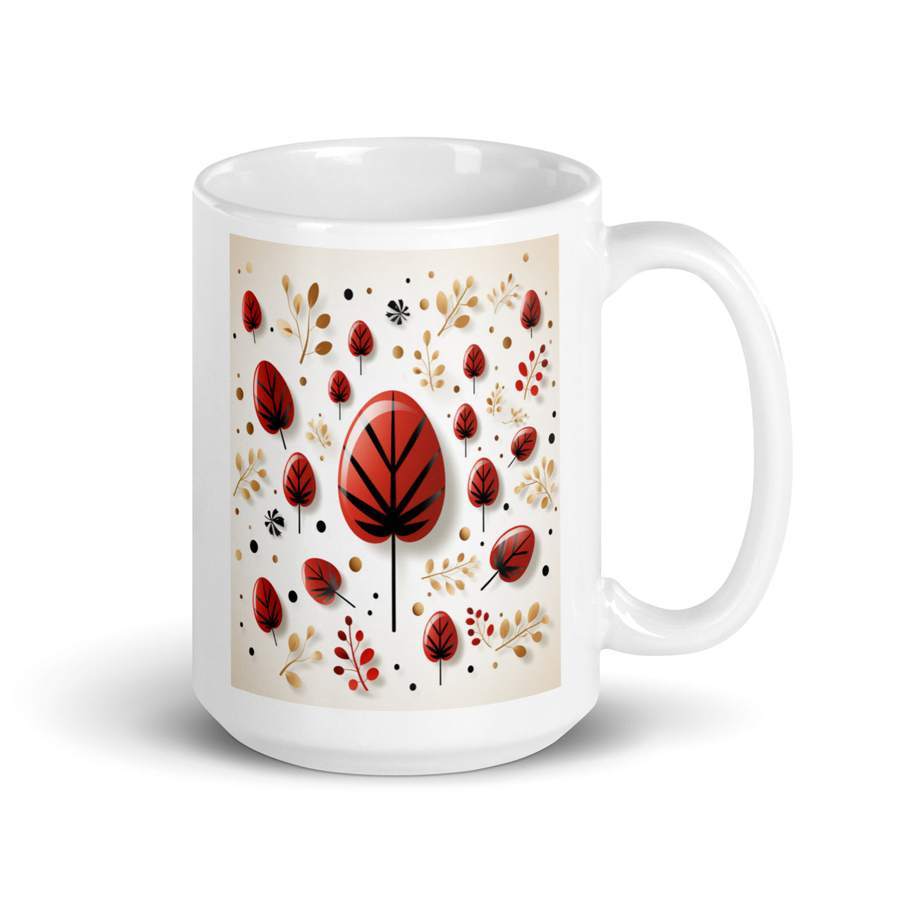 Red And Black Leaf Pattern White Coffee Mug