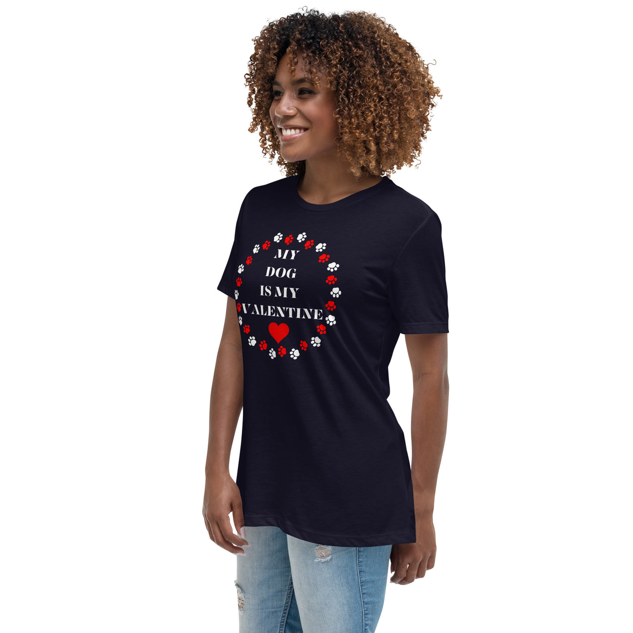 My Dog Is My Valentine Pet Lover Paw Print Heart Women's Relaxed T-Shirt In Black